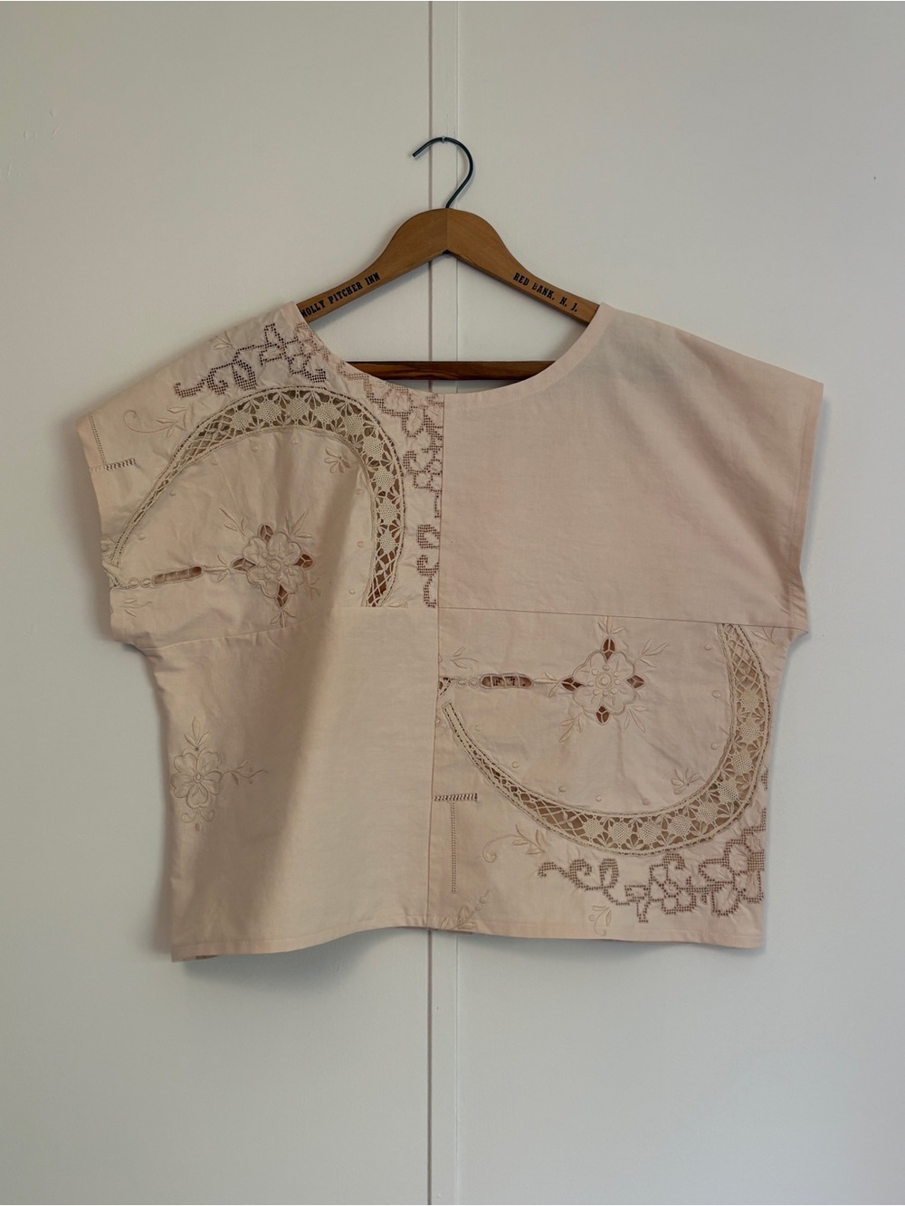 Hand Crafted Cream Embroidered Short Sleeve Top Upcycled Cotton M